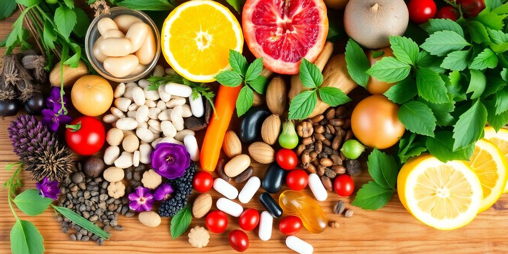 Natural supplements for diabetes on a wooden table.