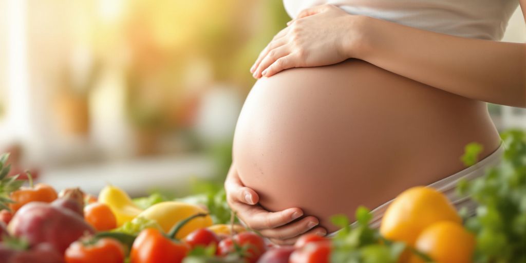 Pregnant woman with healthy foods around her belly.