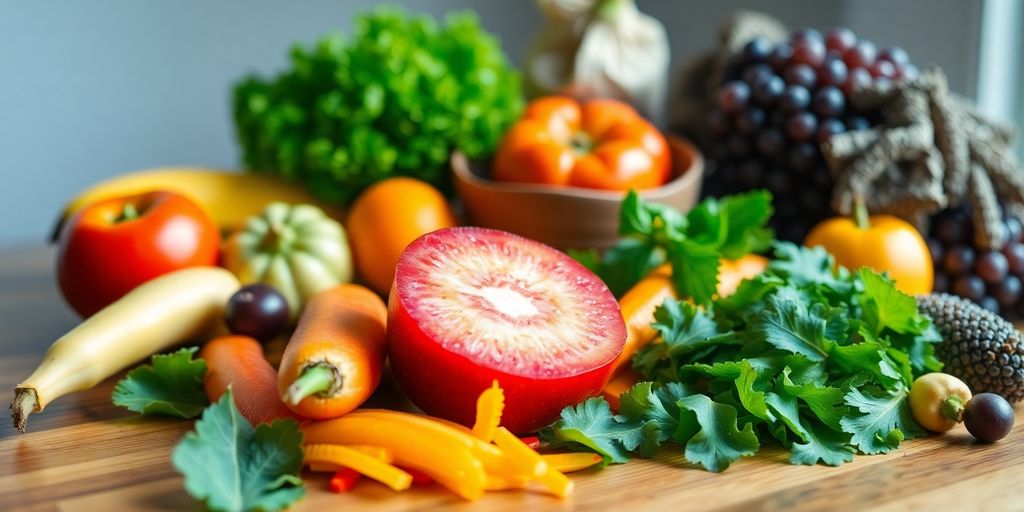 Healthy foods like fruits and vegetables on a wooden table.