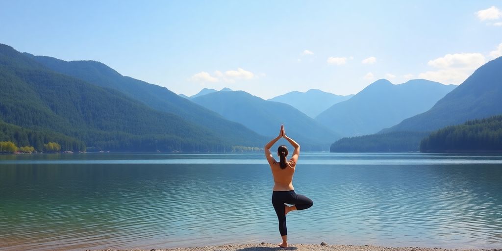 A person doing yoga by a peaceful lake.