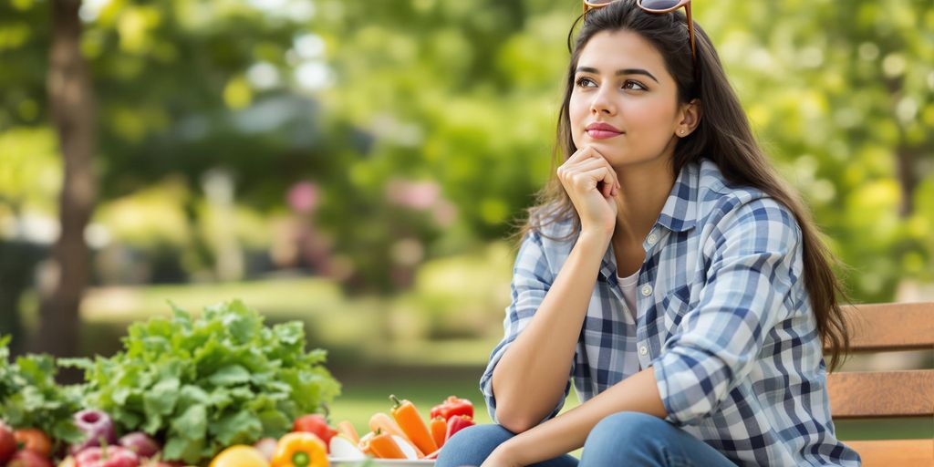 Young adult contemplating healthy lifestyle choices outdoors.