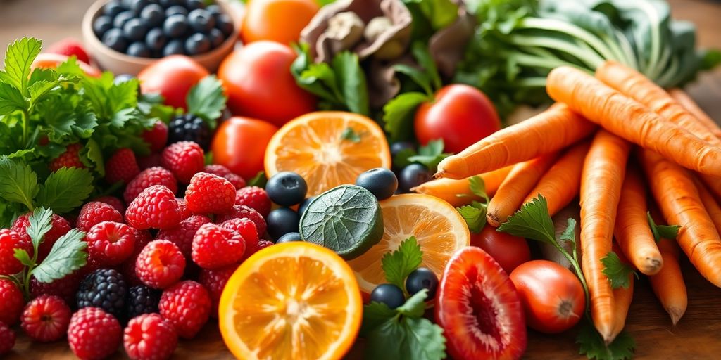 Colorful fruits and vegetables on a wooden table.