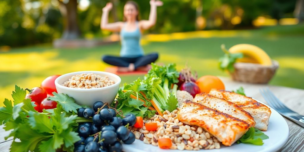 Healthy meal and person practicing yoga outdoors.