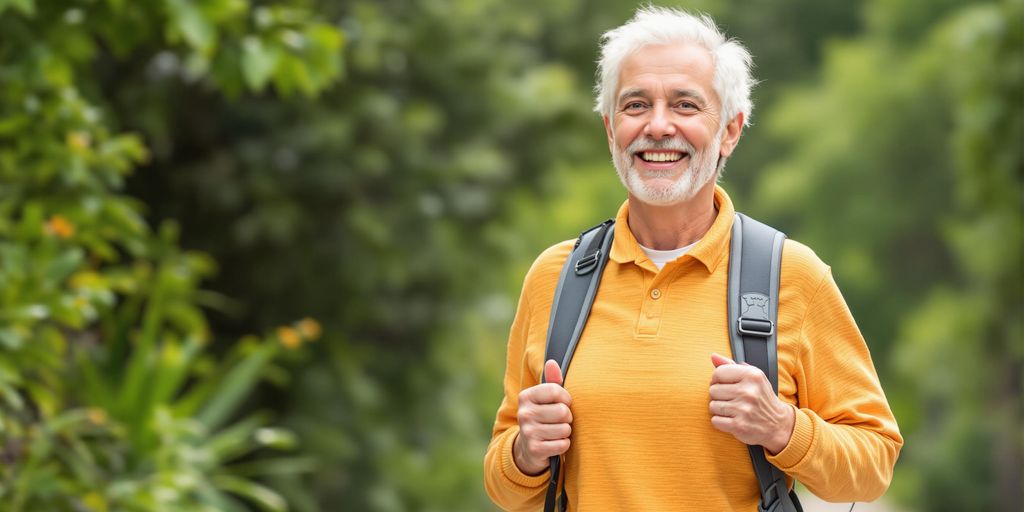 Diabetic person walking happily in a green park.