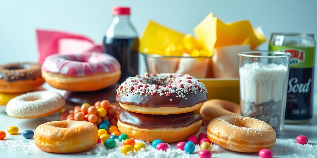 Assorted sugary foods including donuts, candy, and soda.