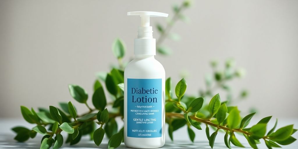 Bottle of diabetic lotion with green plant background.