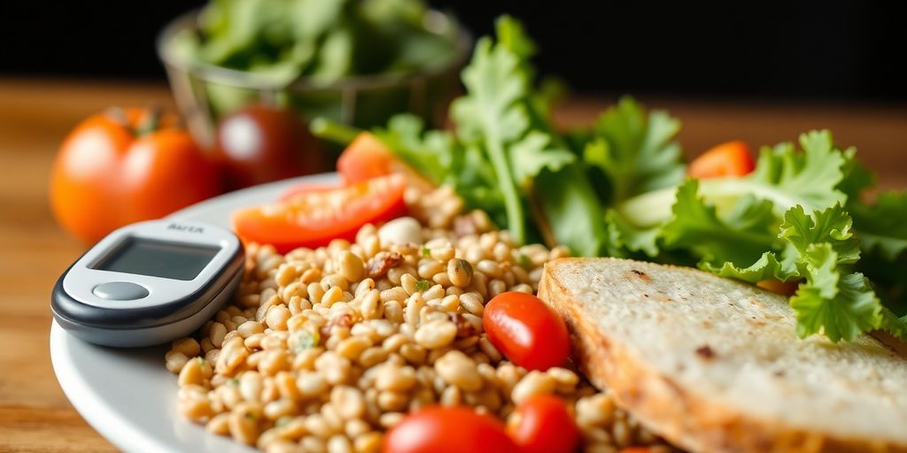 Close-up of healthy food with a blood glucose meter.