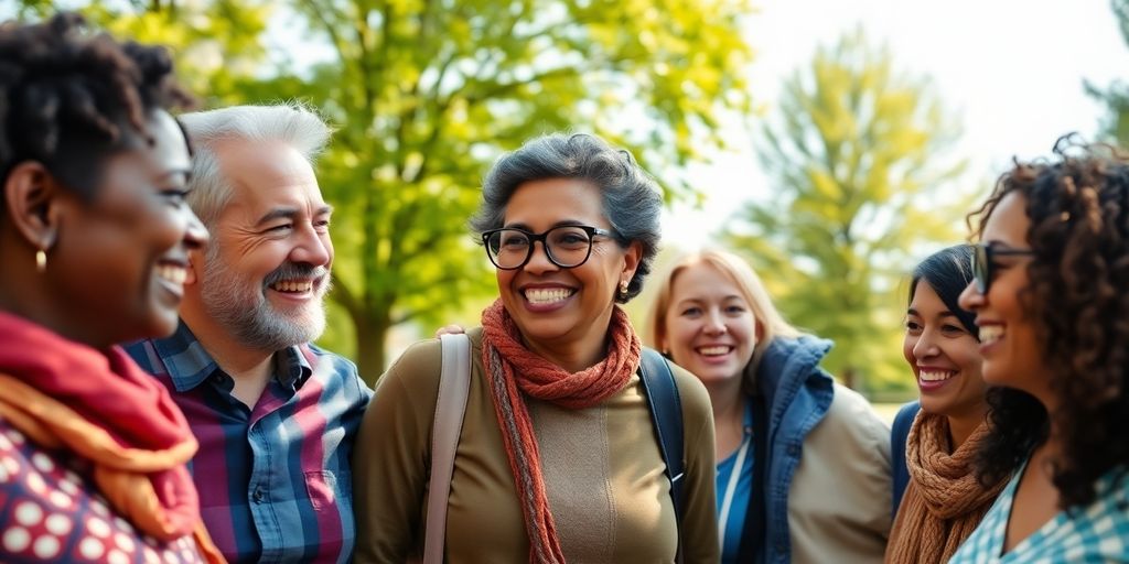 Diverse group of friends supporting each other outdoors.