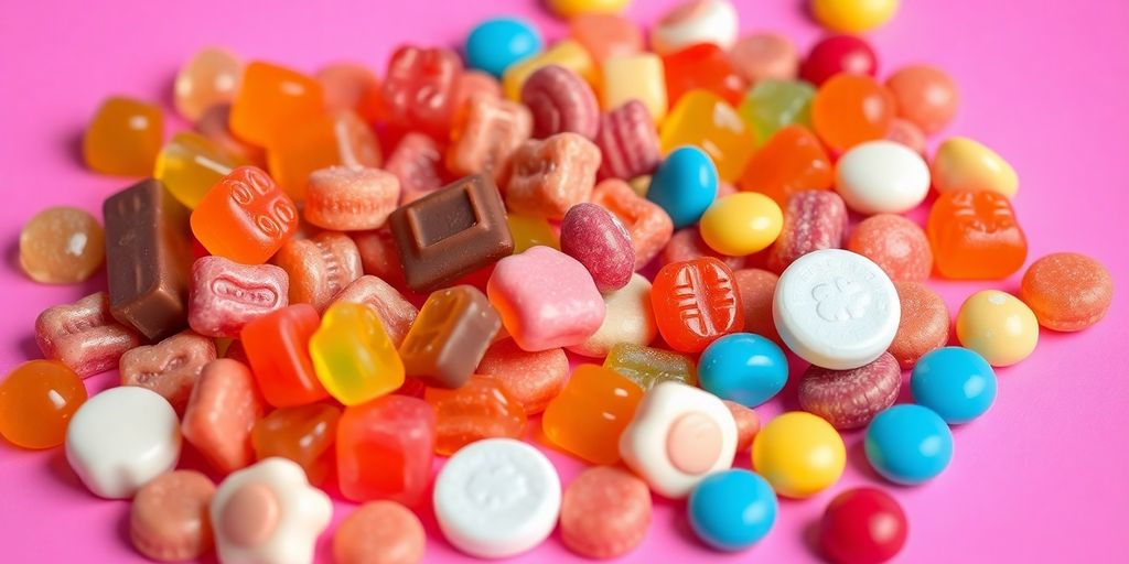 Assorted sugar-free candies in vibrant colors and shapes.