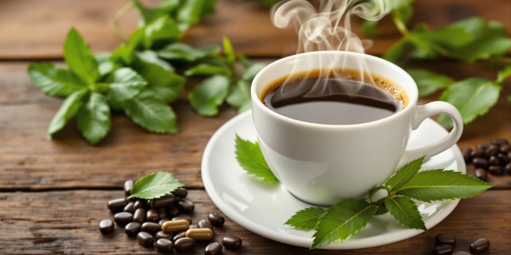 Cup of coffee with weight loss supplements and leaves.