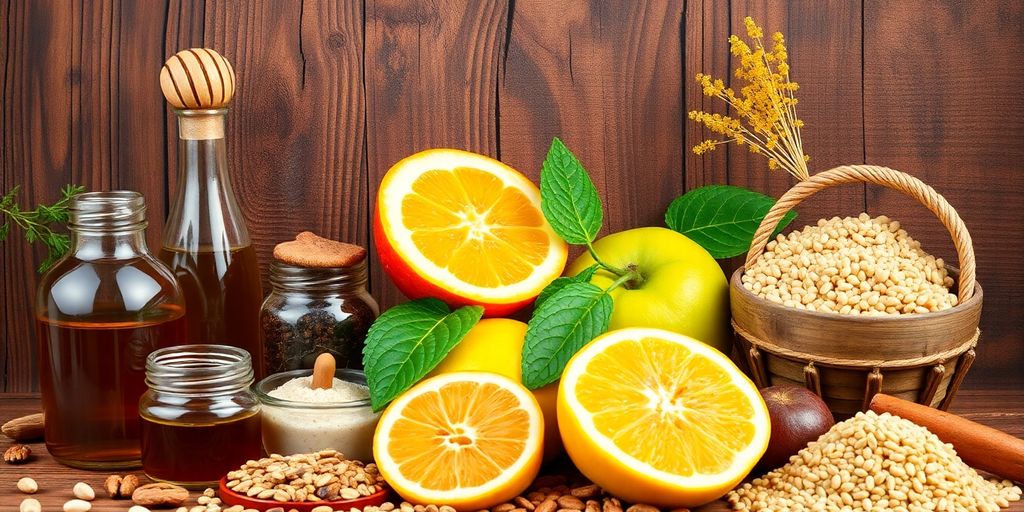 Natural sweeteners and healthy foods on a wooden table.