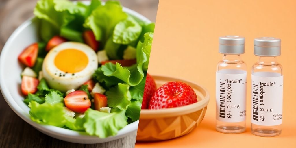 Healthy meal and insulin vials for diabetes comparison.