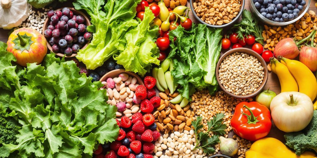 Colorful diabetes-friendly foods on a wooden table.