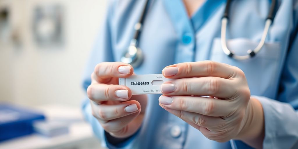 Healthcare professional holding diabetes test kit in clinic.