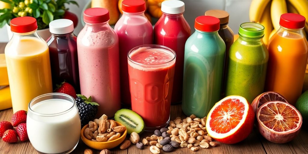 Colorful protein drinks for diabetics on a wooden table.