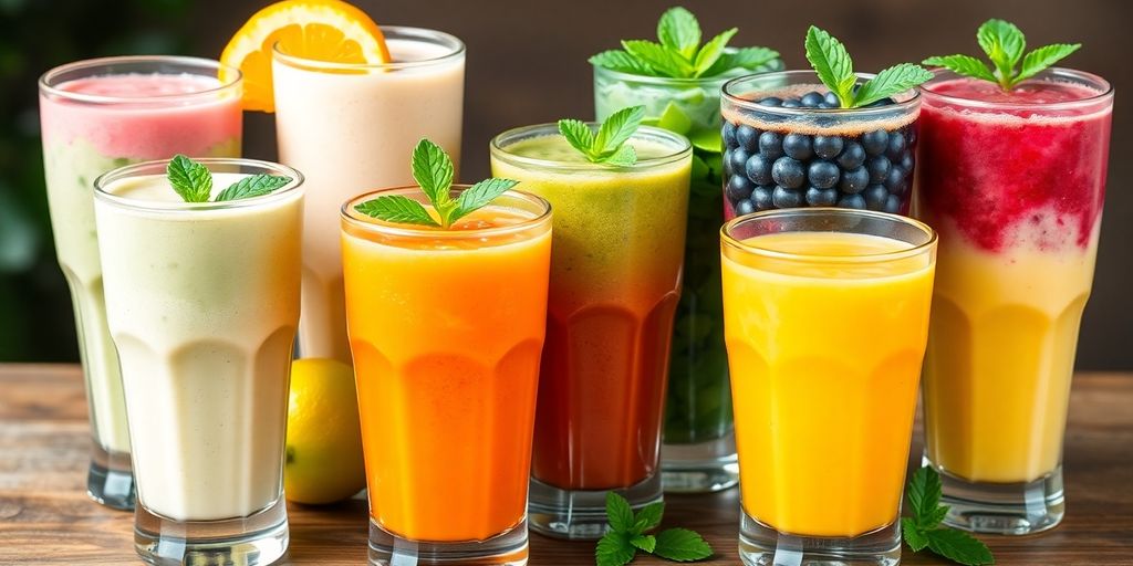 Colorful diabetic shakes in clear glasses on a table.