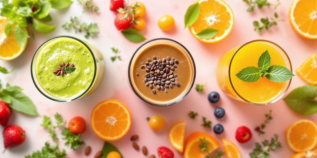 Three drinks affecting blood sugar: smoothie, coffee, juice.