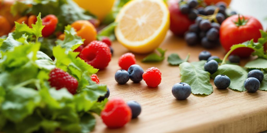 Fresh fruits and vegetables on a wooden cutting board.