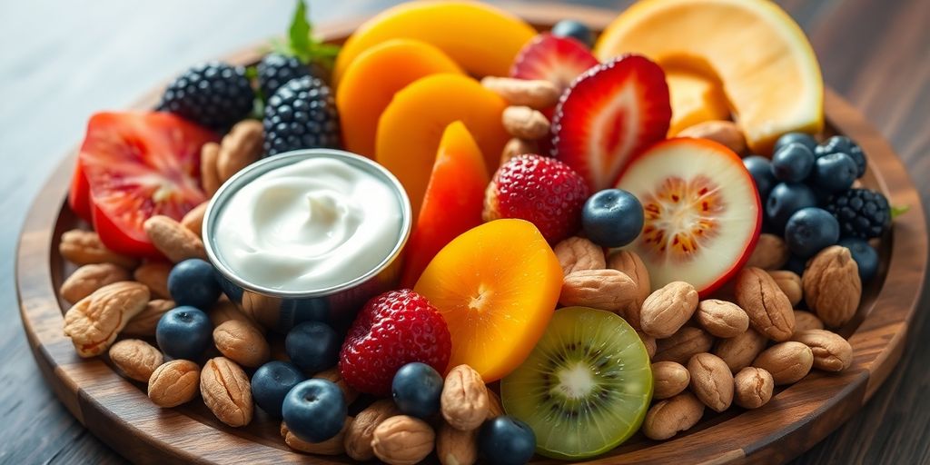 Variety of low sugar snacks on a wooden platter.