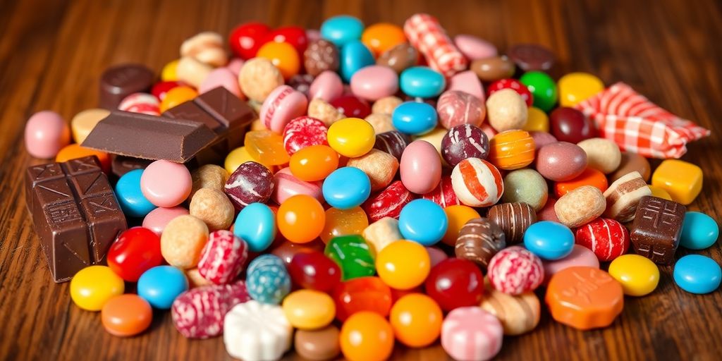 Colorful diabetic-friendly candies on a wooden table.