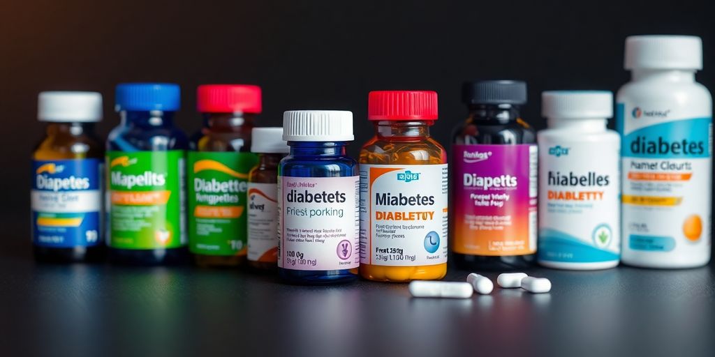 Variety of diabetes medication packages on a dark surface.