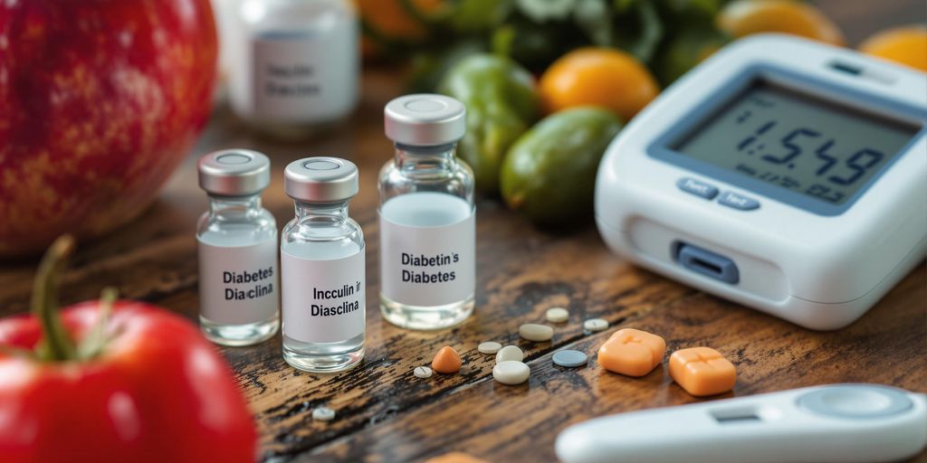 Diabetes treatments including insulin, glucose meters, and healthy foods.