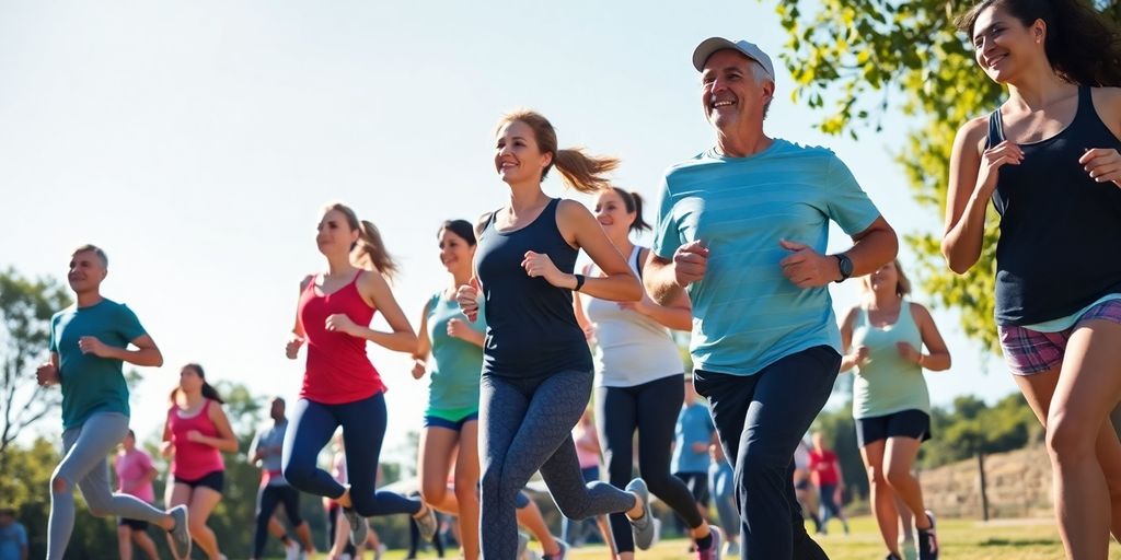 Diverse group exercising together outdoors for diabetes health.