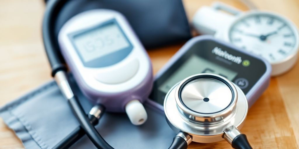 Stethoscope with diabetes kit, blood pressure monitor.